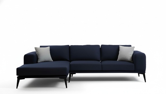 Corner sofa L-shape dark blue plain textile material with cushions living room