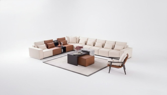 L-shaped sectional sofa with sound system, coffee table, pouf, chair, fabric leather.