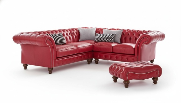 Chesterfield Corner Sofa L-Shaped Lavish Living Room Couch Red Faux Leather New