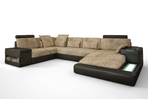 Sectional Sofa Living Room Landscape U Shape Upholstered Couch Leather Sofa Fabric Leather USB + LED