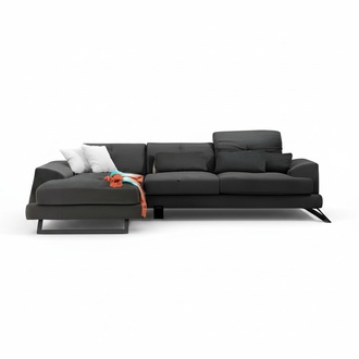 Corner sofa modern L-shape design black plain with cushion textile material