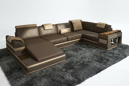 Corner sofa USB + LED living room landscape U-shape upholstered couch leather sofa fabric leather