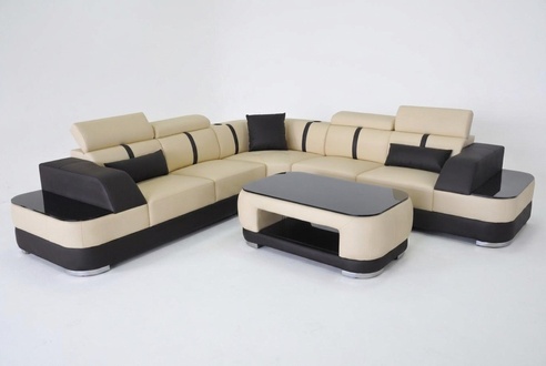Corner Sofa + USB Leather Upholstered Corner Suite L-Shaped Couches + Table Living Room Set