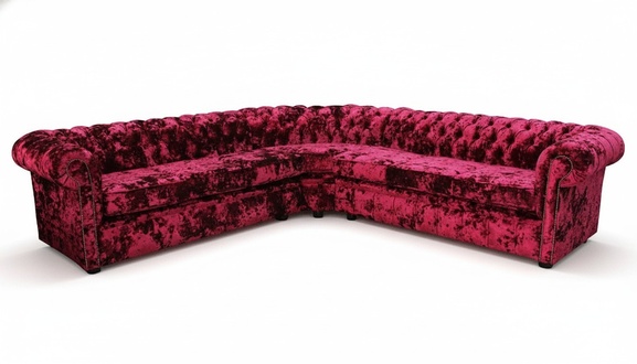 Chesterfield Corner Sofa L-Shaped Pink Red Velvet Upholstered Comfortable Couch With Cushions New