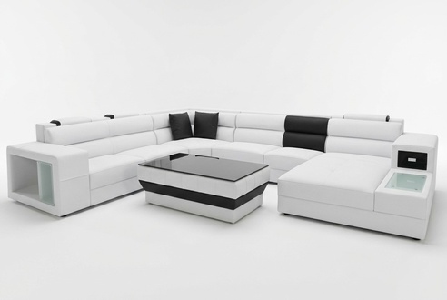 Corner sofa with lighting & USB connection Modern leather living landscape sofa upholstery