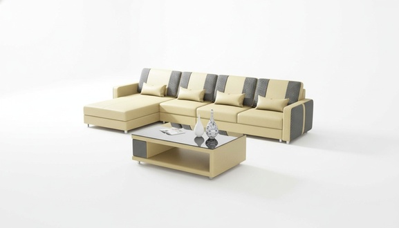 Corner set leather sofa L-shaped reclining couch beige luxury new