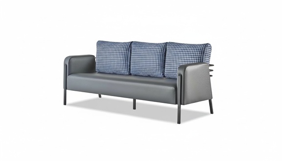 Sofa Gray Blue Chair Upholstered 3-Seater Modern Cushions Leather Stainless Steel
