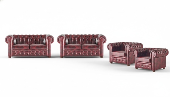 Couch Sofa Set Leather 2-Seater Armchair Bordeaux Chesterfield Classic Wood 4-piece.