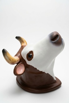 Decorative sculpture designed as gloss white brown colored cow head figure 75cm height