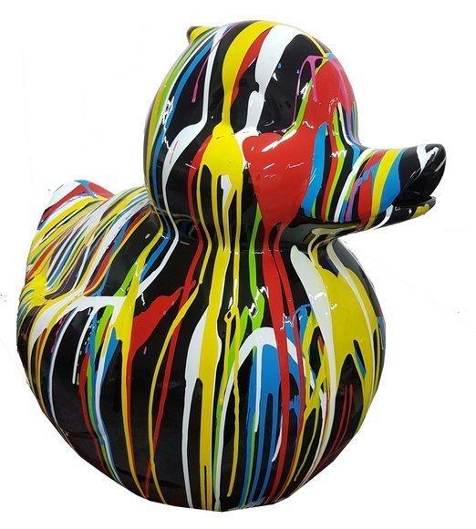 Abstract decorative sculpture designed as gloss black colored duckling with colorful stripes 60cm P158B