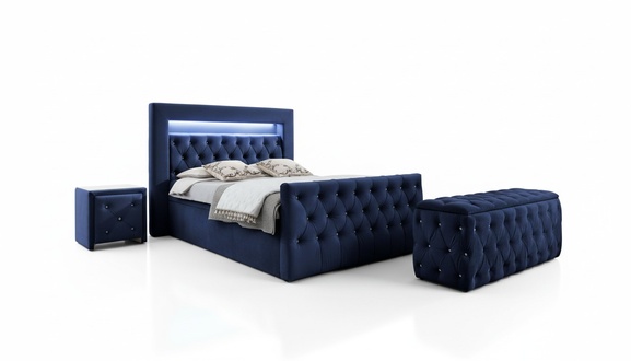 Dark blue Chesterfield bedroom furniture LED double bed bedside consoles