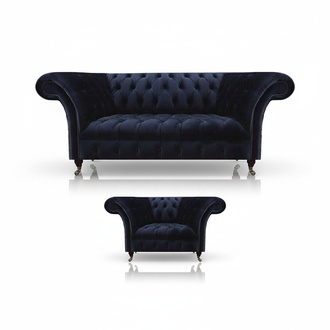 Dark blue Chesterfield living room set, armchair and 3-seater, 2 pieces.
