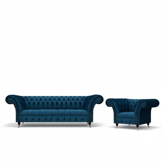 Dark blue Chesterfield upholstered furniture Stylish 3-seater armchair 2-piece set