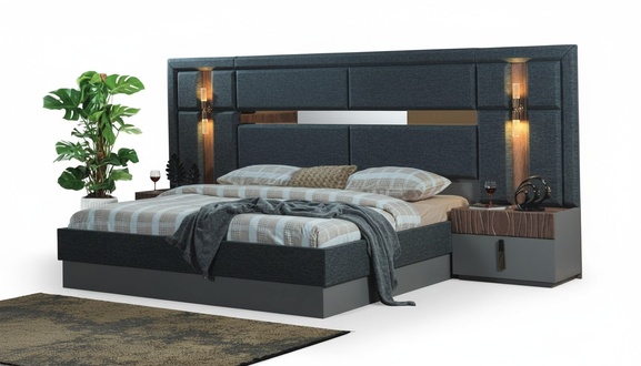 Dark grey double bed Designer wooden bedside tables Bedroom set