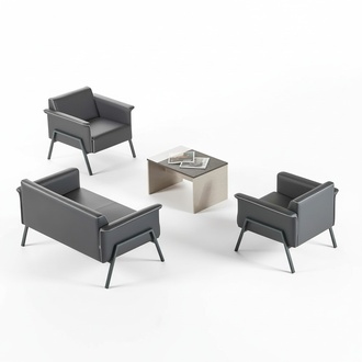 Dark gray office furniture leather 2-seater wooden table 2x armchairs 4-pc set