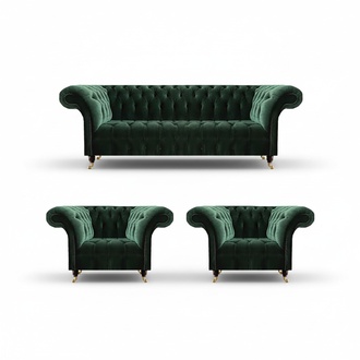 Dark green Chesterfield armchair living room three-seater luxury couch 3-piece set