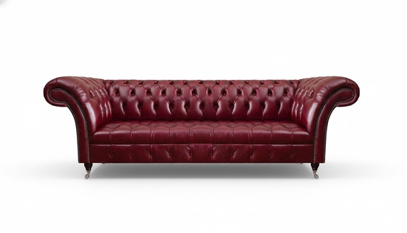 Dark red Chesterfield couch living room leather sofa stylish seating furniture.