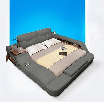 Modern style multifunctional leather double bed made of real wooden 180x200 cm size On Stock
