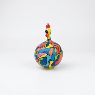 Abstract decorative sculpture designed as a round funny rooster in colorful random mosaic patterns 80cm