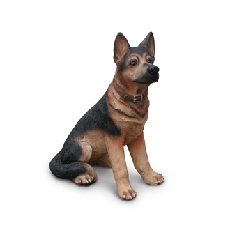 Decorative garden sculpture designed as a natural colored sitting german shepherd (A117)