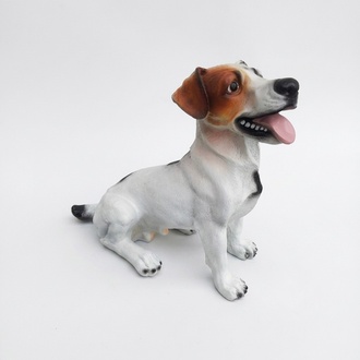 Motley white colored decorative garden sculpture designed as sitting puppy 40cm (A393)
