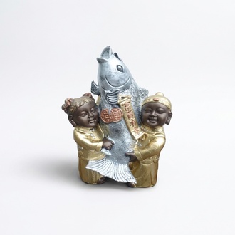 Chinese traditional sculpture designed as babies holding a fish figure 44cm height