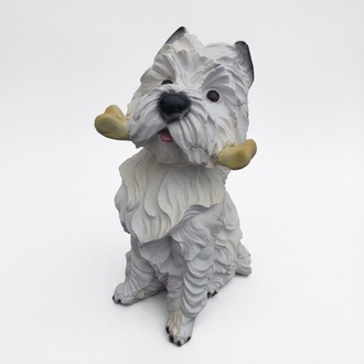 Decorative sculpture designed as a sitting white puppy with a bone 42 cm (A417)