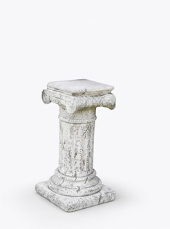 Decorative garden pedestal figure in antique greek ionic column style with natural obsolescence imitation