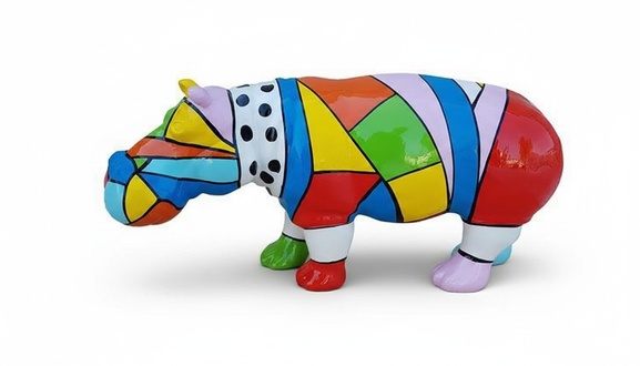 Decorative abstract sculpture designed as standing hippopotamus with colorful patterns 32x72cm