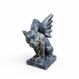 Decorative sculpture designed as a dark grey colored dog goblin with a golden collar 50cm