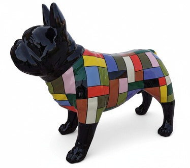 Decorative abstract sculpture designed as black gloss colored standing dog in colorful suit 75x100cm