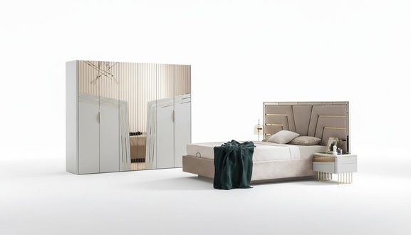 Modern Bedroom Set Designer Bed 2x Bedside Tables Wardrobe