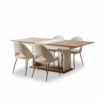 Beige Dining Room Set Rectangular Wooden Table Designer 4x Upholstered Chairs