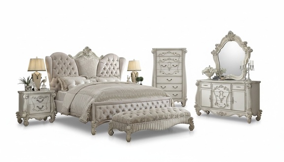Design bedroom 6 pieces Bed 2x bedside table stool bed bench dresser mirror set furniture