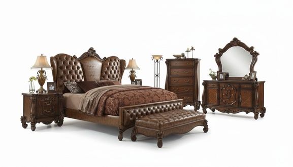 Classic brown bedroom set bed nightstand dresser mirror bench new
