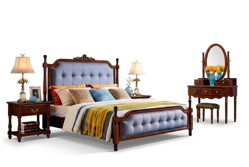 Design Bedroom Complete Set Bed Bedside Tables Dressing Table 5 pcs Wooden Stool