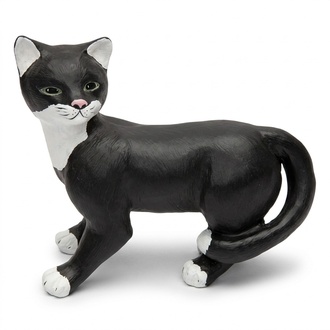 Motley black white colored cat figure with green eyes 39x46cm