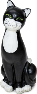 Decorative sculpture designed as sitting motley black white colored cat with green eyes 48cm height C772