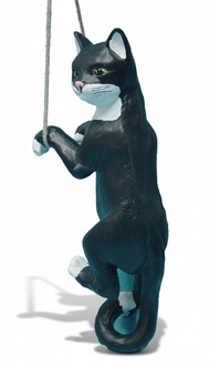 Climbing cat on a rope motley black white colored sculpture with green eyes 62cm height