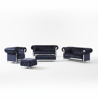 Chesterfield Complete Sofa Set 3+2+1 Seaters + Stool + Coffee Table Leather Upholstered Blue 5-piece Living Room Furniture Set