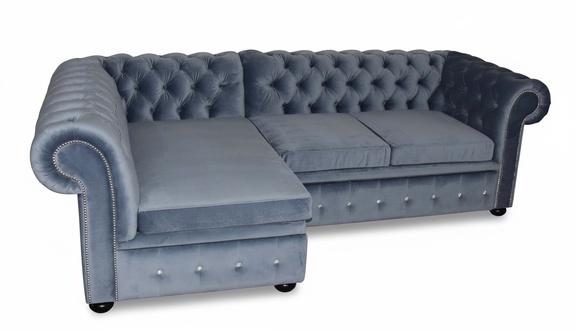Corner Sofa L-Shape Chesterfield With Buttons Blue Textile / Leather Couch Minimalism Classic New