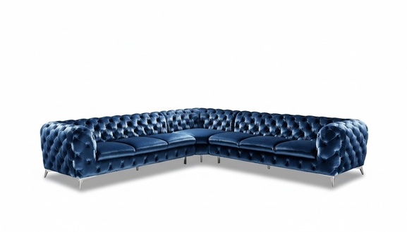 Chesterfield Corner Sofa L-Shaped Blue Textile Comfortable Living Room Couch New