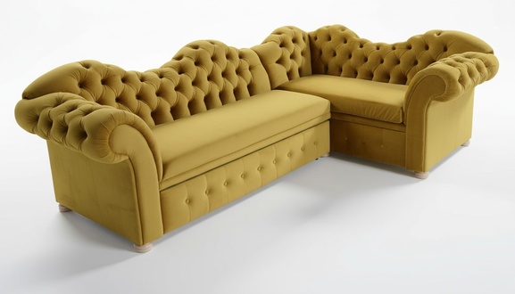 Modern Corner Sofa L-Shaped Chesterfield With Buttons Yellow Textile Comfortable Fabric New