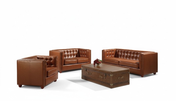 Chesterfield Sofa Set 3+2+1 Seaters Brown Leather With Cushions Living Room New