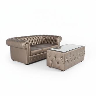 Chesterfield Sofa 3-Seater + Coffee Table Faux Leather Living Room Set Gold New