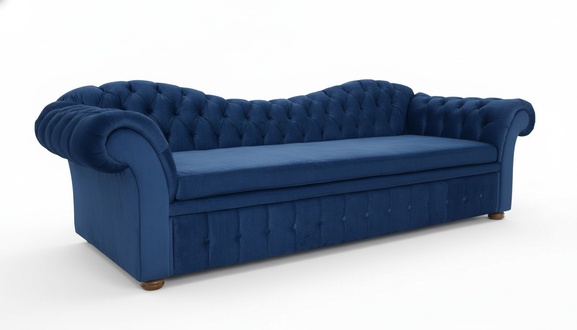 Chesterfield Sofa 3-Seater Blue Textile Upholstered Living Room Couch Real Wood New