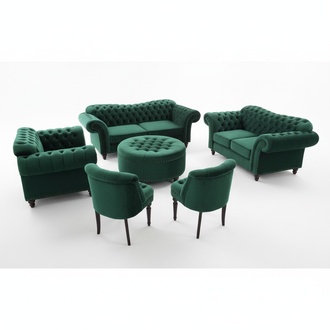 Chesterfield Sofa Set 3+2+1 Seaters + Stools + 2x Chairs Textile Green 6-Piece Living Room Furniture Set New