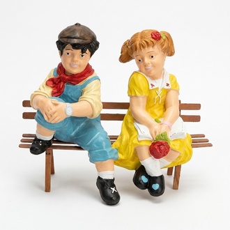Gloss decor figure designed as a boy & girl sitting on a wooden bench 77x70cm