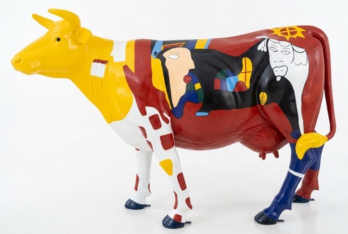 Decorative abstract cow sculpture in white/red colorful painted 216 cm length