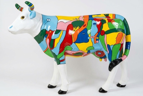 Abstract garden decorative sculpture designed as gloss cow with colorful patterns 135cm